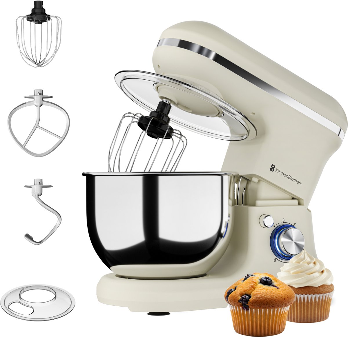 KitchenBrothers 1200W Keukenmachine - Keukenrobot - 5L - Mixer met Mengkom - Keukenmixer - Champagne