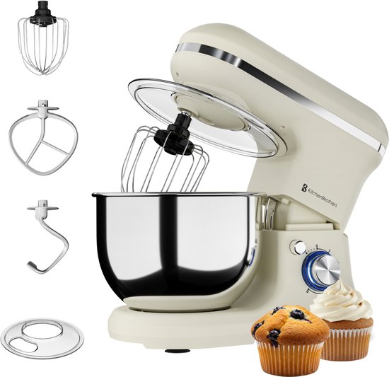KitchenBrothers 1200W Keukenmachine - Keukenrobot - 5L - Mixer met Mengkom - BPA-vrij Keukenmixer - Champagne