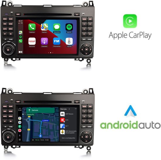Zwarte autoradio met touchscreen display. Links Apple CarPlay, rechts Android Auto. Beide systemen tonen iconen van diverse apps.