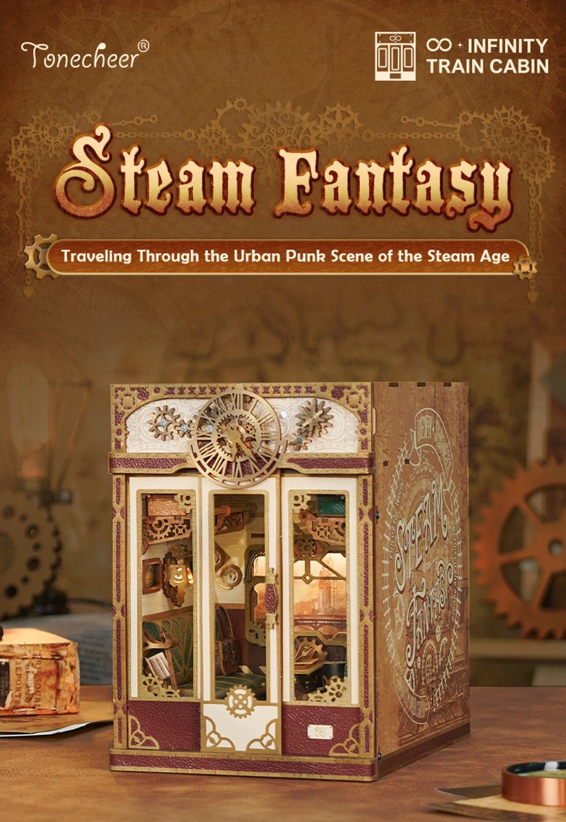 Tonecheer Steam Fantasy Book Nook Bouwpakket - Modelbouw - 15,8 x 22,4 x 22,5 cm - Houten 3D Puzzel - Boekensteun - LED-licht - Bewegingssensor Licht - Boekenhouder — afbeelding 7