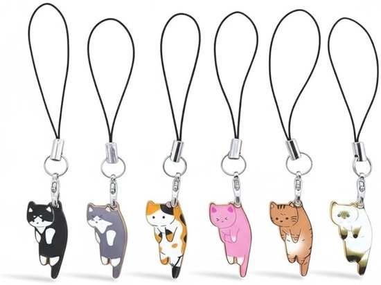 Six porte-bonheur de téléphone avec des chats de différentes couleurs : noir, gris, orange, rose, marron et blanc.