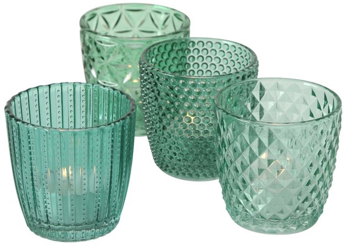 Boltze – Waxinelichthouders – Theelichthouders – Set van 4 – Glas – Groen tinten