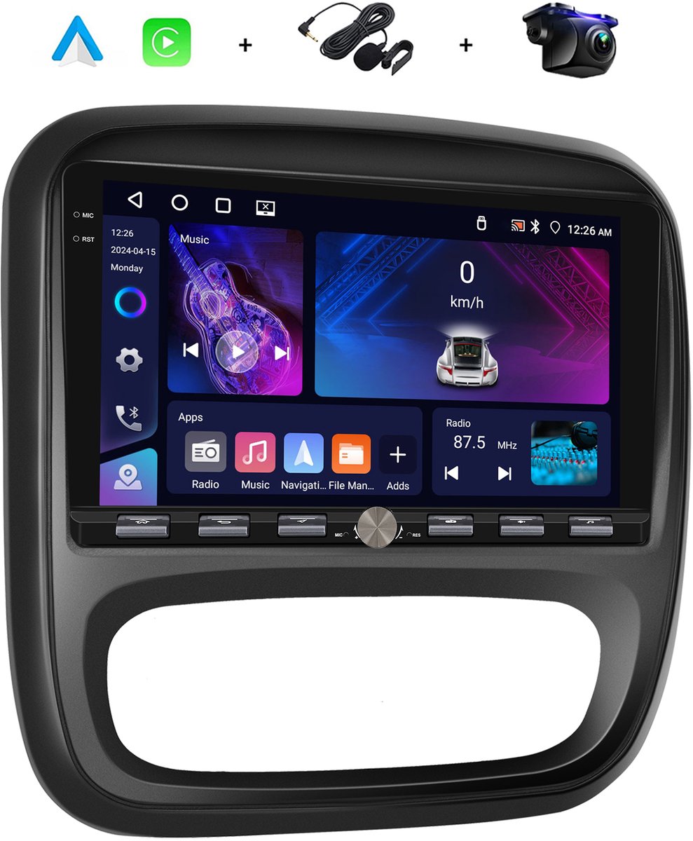 Boscer Android 15 Autoradio - Geschikt voor Renault Trafic & Opel Vivaro 2015 - 4+64GB - 9 Inch HD Touscreen - Draadloze Apple CarPlay & Android Auto - GPS Navigatie - Bluetooth - Microfoon & AHD Achteruitrijcamera