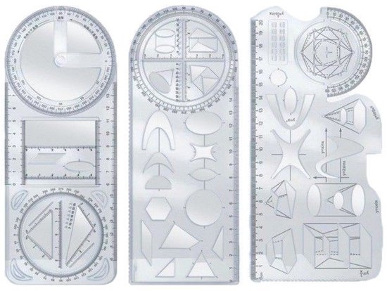 Foto: Geometrische tekensjablonen 3 stuks tekenen meten kunststof liniaal geometrie wiskunde meetgereedschap school hobby kantoor werk tekenmal teken accessoires multifunctionele tekenliniaal