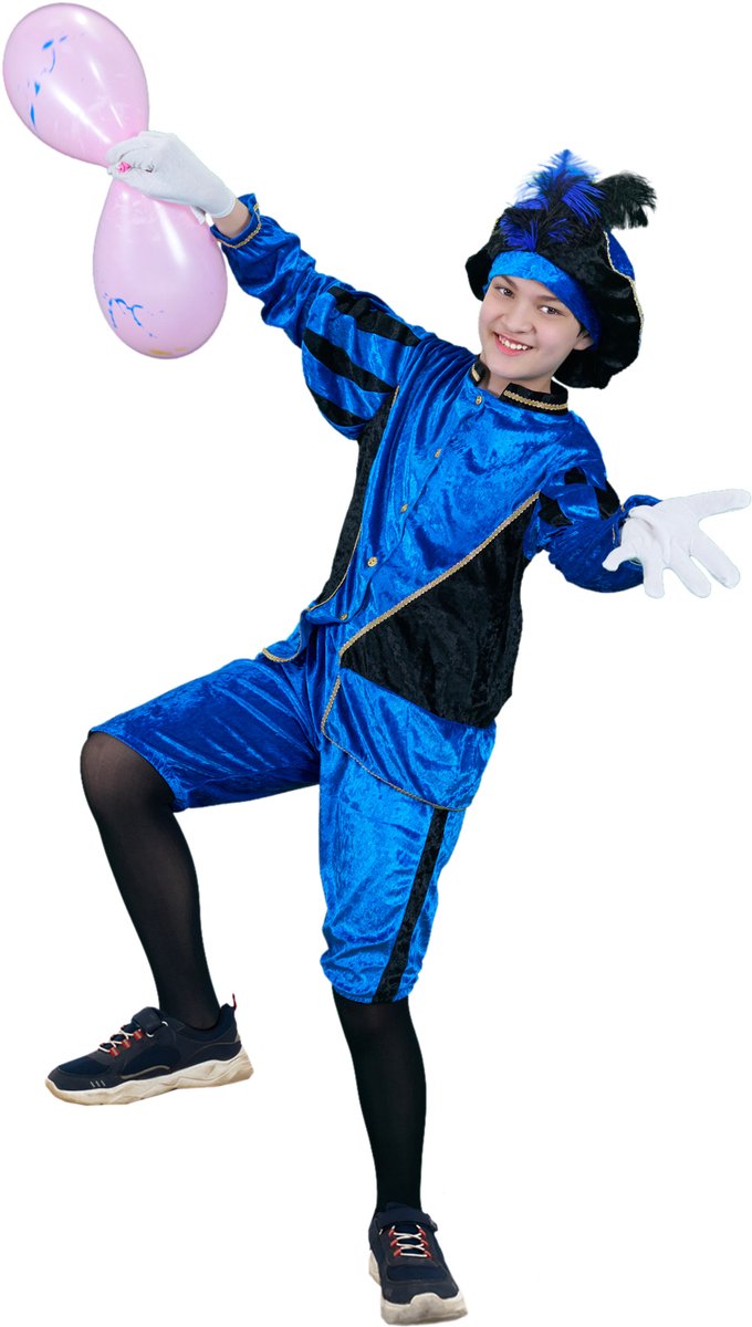 Zebra & Friends Pietenpak - Maat 104/116 -4/6 jaar - Pietenpak voor Kinderen - met Pietenmuts - Pofbroek en Pofmouwen -Sinterklaasfeest- Blauw/zwart