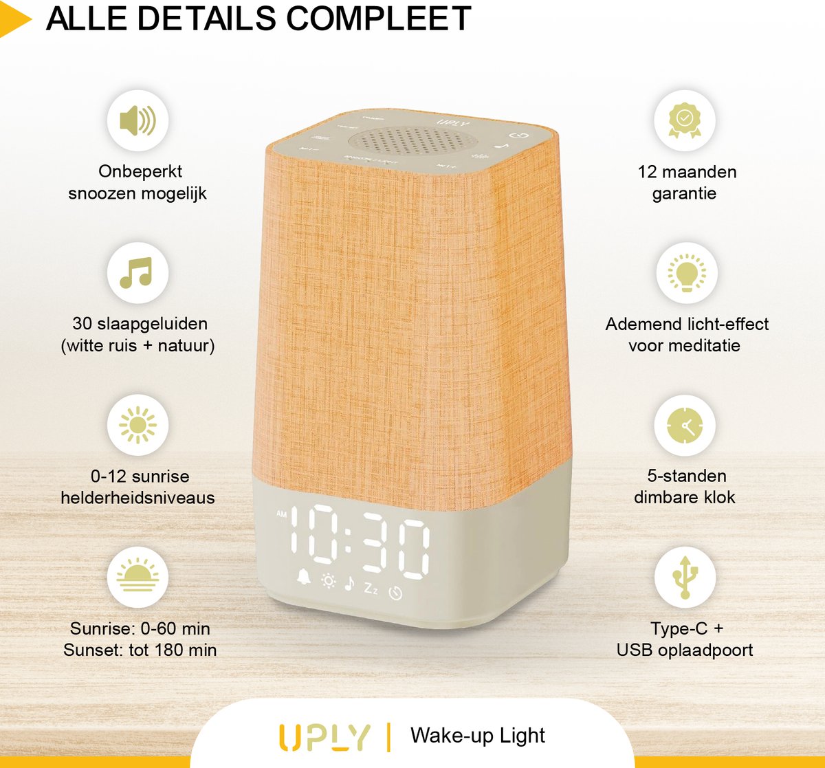 UPLY Wake up light - Met USB oplaadpunt - Met 30 geluiden - Wekker met licht - White noise - Digitale wekker — cadeau in Wonen & Interieur - foto 8
