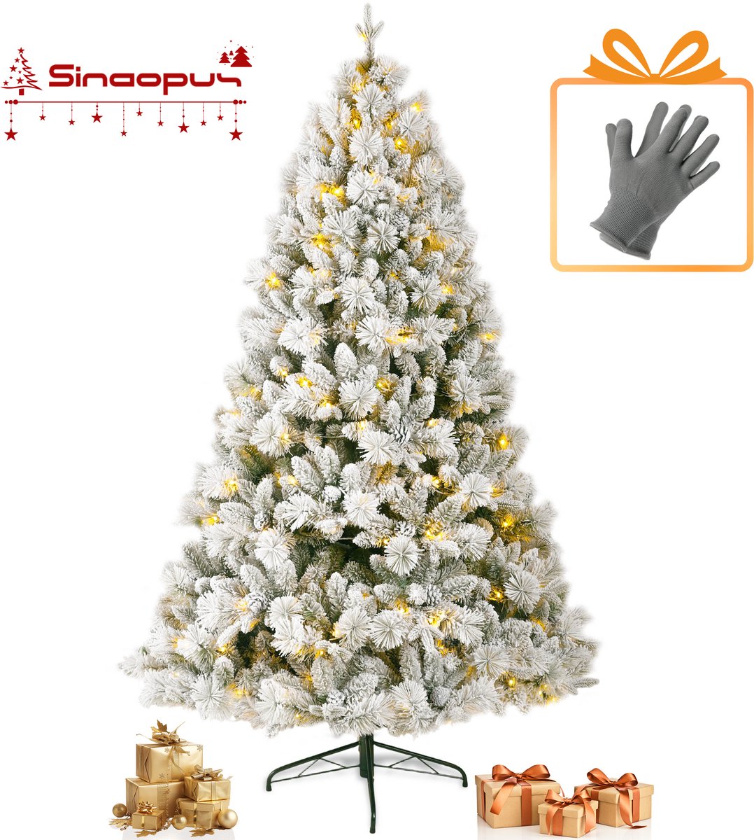 【Vroege Kerstdeals】Sinaopus Kunstkerstboom - Met denneappels&dennennaalde&sneeuw - Scandi Dennenappel - Met LED-verlichting (220LED’s, 8lichtmodi) – 930takken – PVC&PE – Metalen Standaard –Snel opzetten –Opvouwbare takken –185cm Besneeuwde Kerstboom