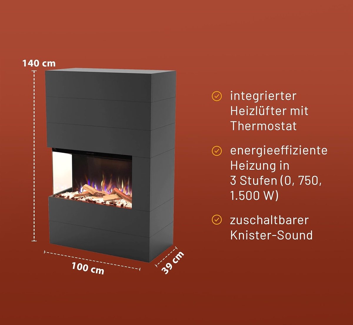 Staande Elektrische Haard TasalFurniture PORTIA – 3D E-Motion LED Vuur met Knisperend Effect, Verwarming tot 1500W, Modern Grijs, Vrijstaand, Inclusief Afstandsbediening, 140x90x45 cm