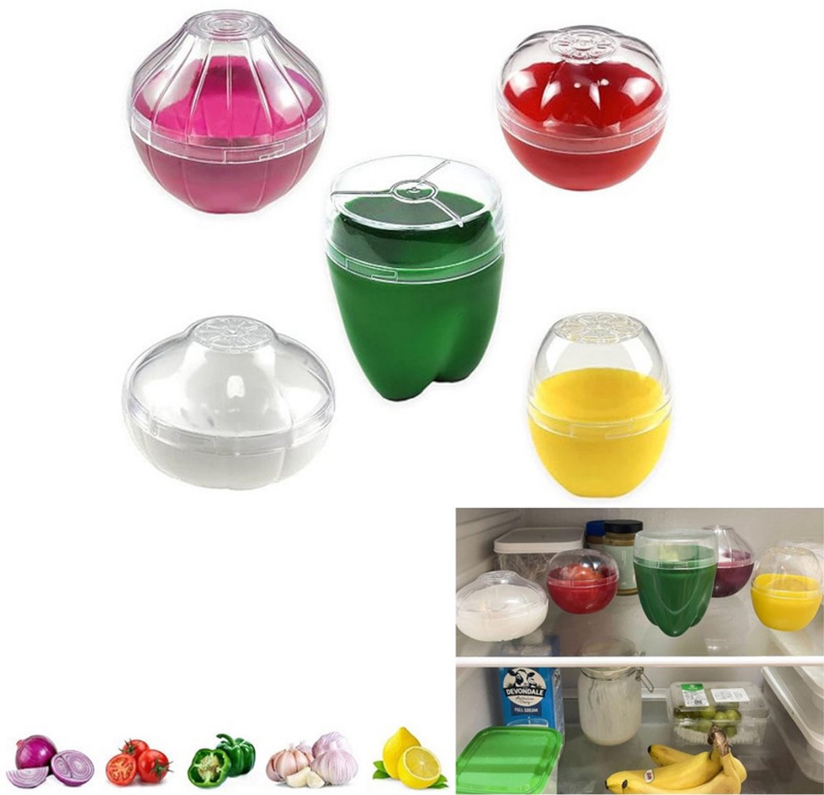 Set van 5 stuks – Fruit- en groentebewaarbakjes – Groentevormige bewaarbakjes – Fruitbewaarbakjes – Herbruikbaar – Voor het bewaren van voedsel – Paars, rood, groen, wit, geel – Geschikt voor de groentelade van de koelkast