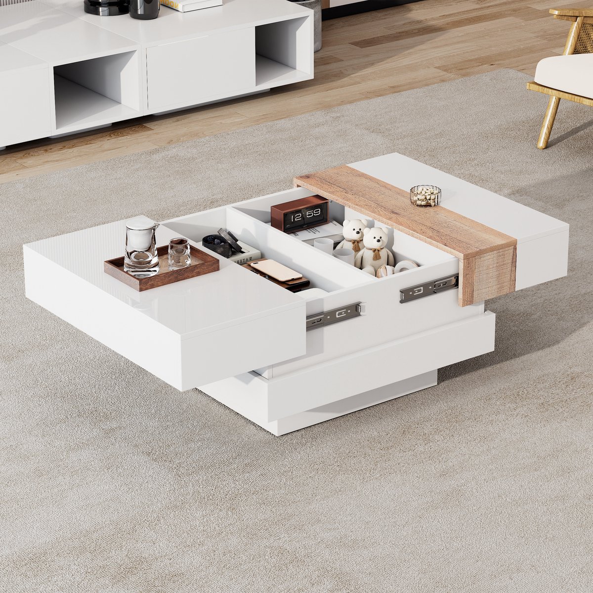 STILVORA Salontafels Koffietafel - Salontafel Met 2 Opbergvakken + Uitklapbare Bovenplaat - Hoogglans Woonkamer Tafel - 70x70x39 cm - Spaanplaat - Wit