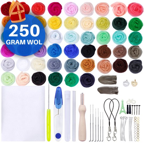 JT Products Naaldvilten Starterset Incl 50 Kleuren 5 Gram Viltwol - Totaal 250 Gram Wol + 63 Tools - Naaldvilt - 113 Onderdelen - Needle Felting Pakket - Knutselen Voor Beginners En Gevorderde - 7 Viltnaalden - Naald Vilt - Sinterklaas Cadeautjes
