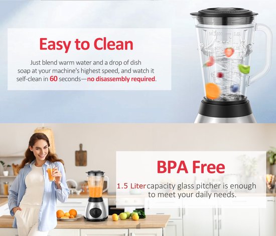 Royalty Line® SME600 Blender - Blender Smoothie Met Koffiemolen - 800W - 1.5 Liter - 3 Snelheden - Smoothie Maker Met Glazen Kan - Blender To Go - RVS van Royalty Line — afbeelding 3