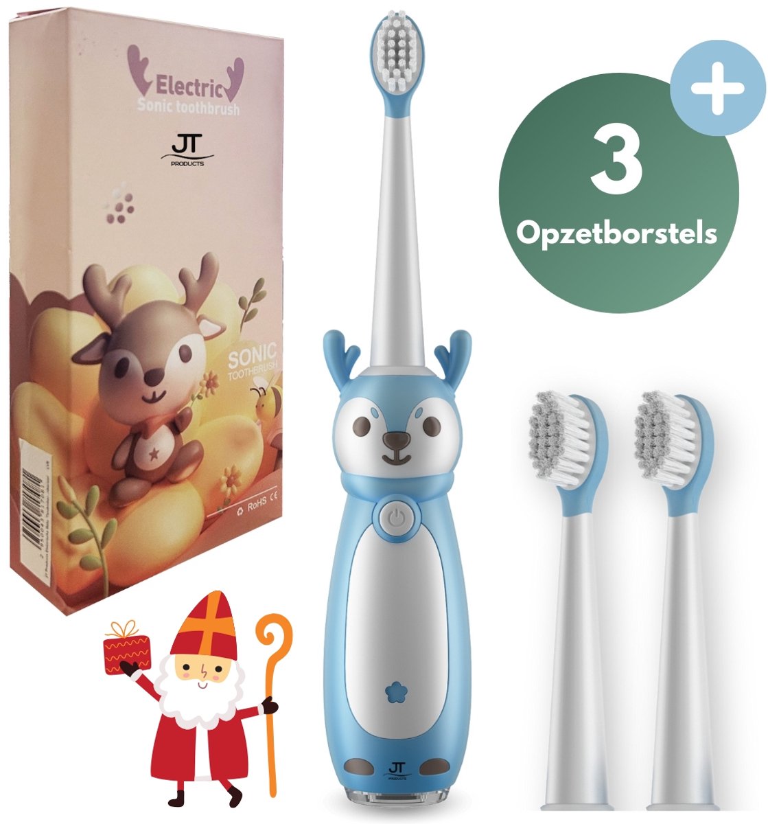JT Products Sonische Elektrische Baby Tandenborstel Blauw – 1 t/m4 Jaar - Oplaadbaar - Met Timer - 3 Poetsstanden - Peuter - Kind - Waterdicht - Cadeau Baby - Elektrische Tandenborstel Kinderen - Kindertandenborstel - Electrische Tandenborstel