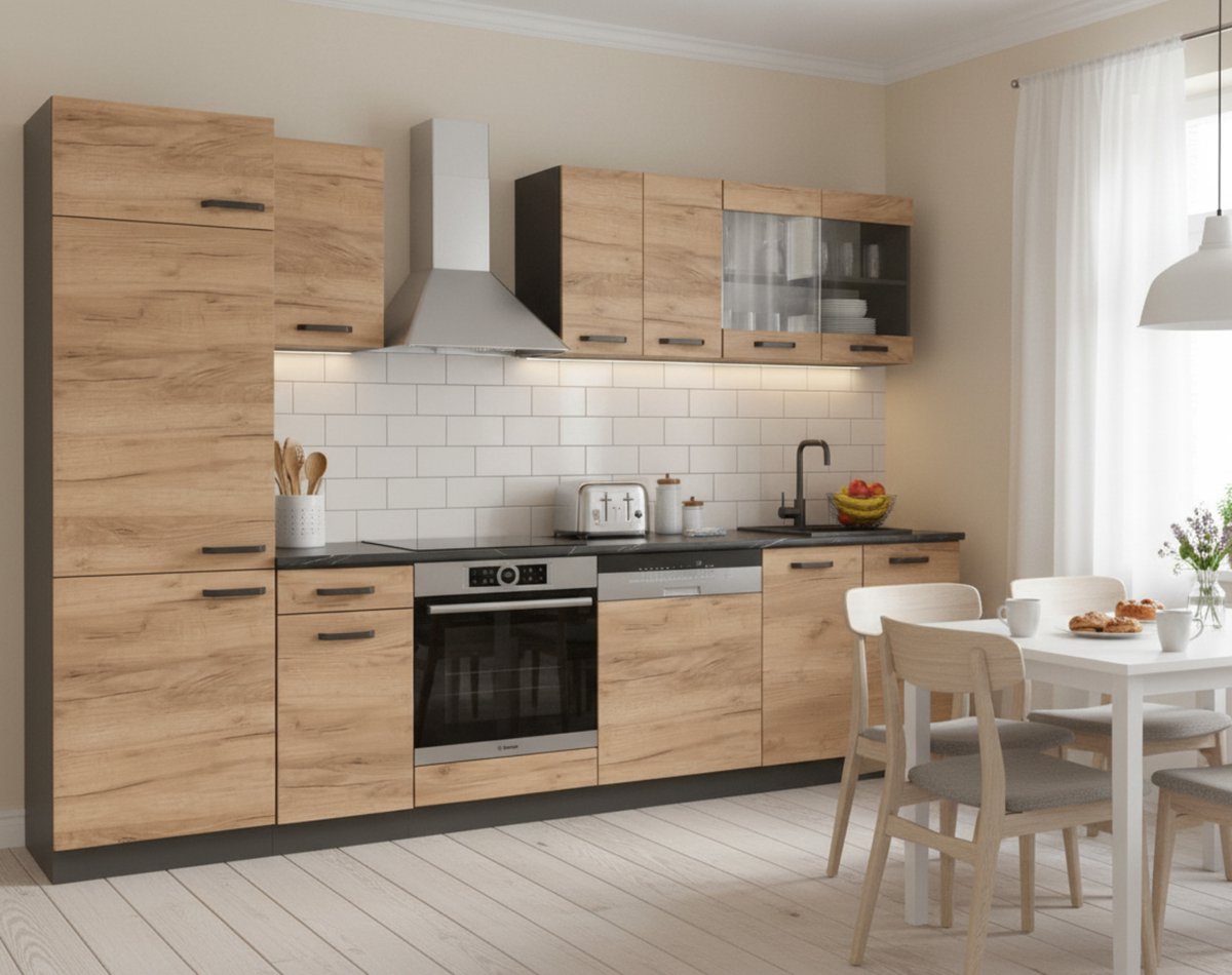 Keukenblok 300 cm Modern R-Line Goldkraft Eiken / Antraciet met Werkblad – Complete Keukeneenheid met Kastmodules & In hoogte verstelbare poten – Inclusief Montagehandleiding – Novihome