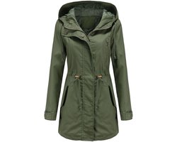Vrouwen lichtgewicht jas trench, tool tas met koord taille hooded hoodie, rits herfst casual jas met zakken, katoen trench met capuchon, legergroen maat L
