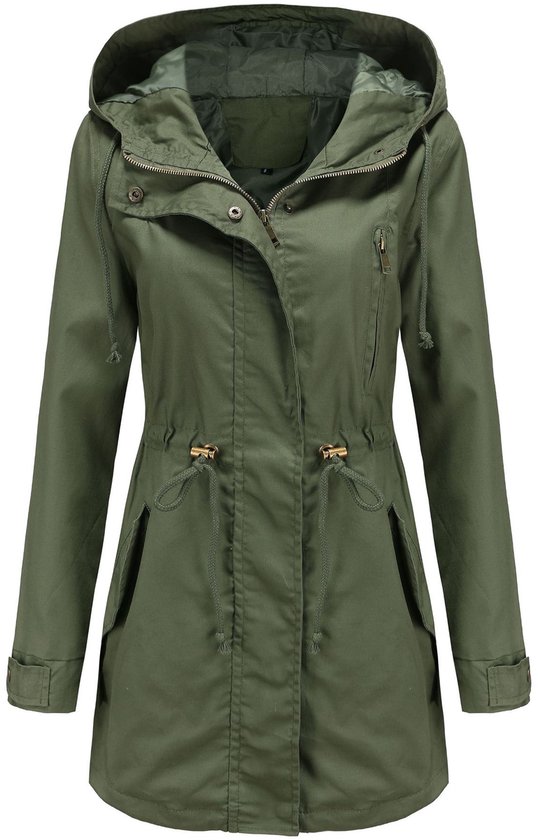 Trench-coat léger pour femme, sac à outils avec cordon de serrage à la taille, capuche zippée, manteau décontracté d'automne avec poches, trench-coat en coton à capuche, vert armée, taille L