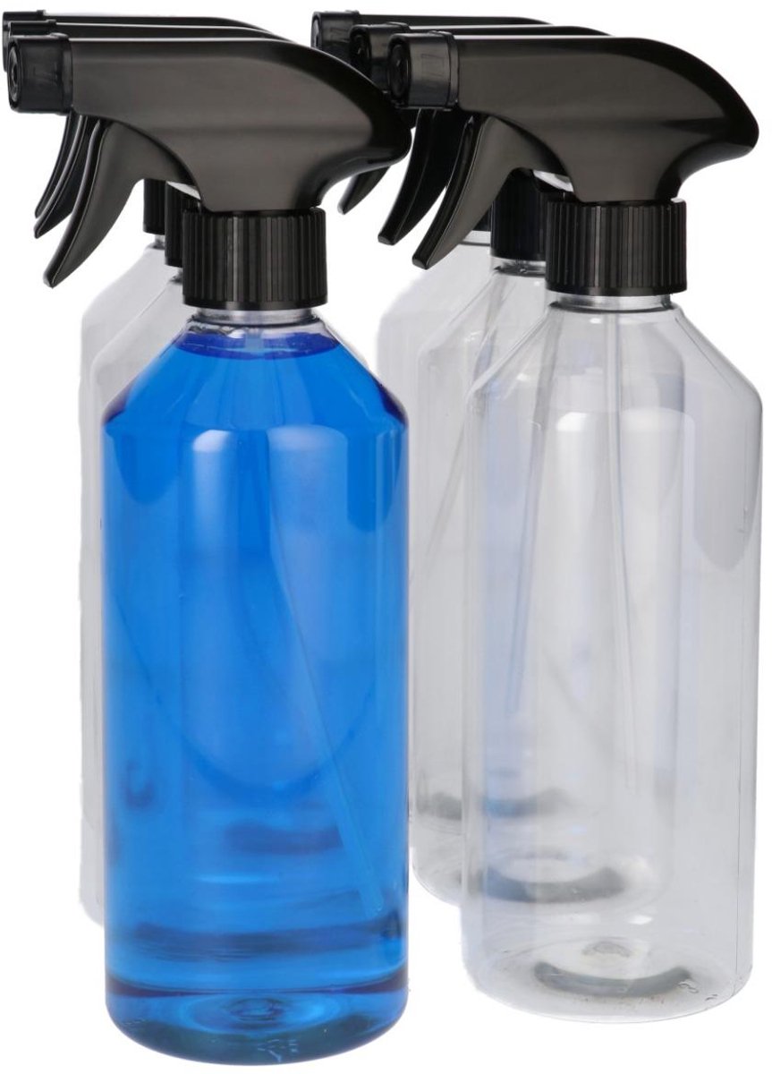 6 x 500 ml Ronde fles PET transparant met Spraypomp zwart- PET Kunststof BPA-vrij - Plastic Flessen Navulbaar - Met Dop - Lege Flessen - 6 stuks