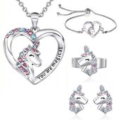 Unicorn sieradenset geschenkset voor meisjes – kinderketting meisje - 4-delige zilverkleurige set met kristallen – Inclusief cadeaudoosje - Ketting, Armband, Ring, Oorbellen - Eenhoorn - Unicorn