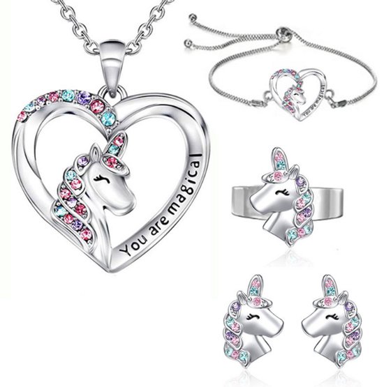 Unicorn sieradenset geschenkset voor meisjes – kinderketting meisje - 4-delige zilverkleurige set met kristallen – Inclusief cadeaudoosje - Ketting, Armband, Ring, Oorbellen - Eenhoorn - Unicorn