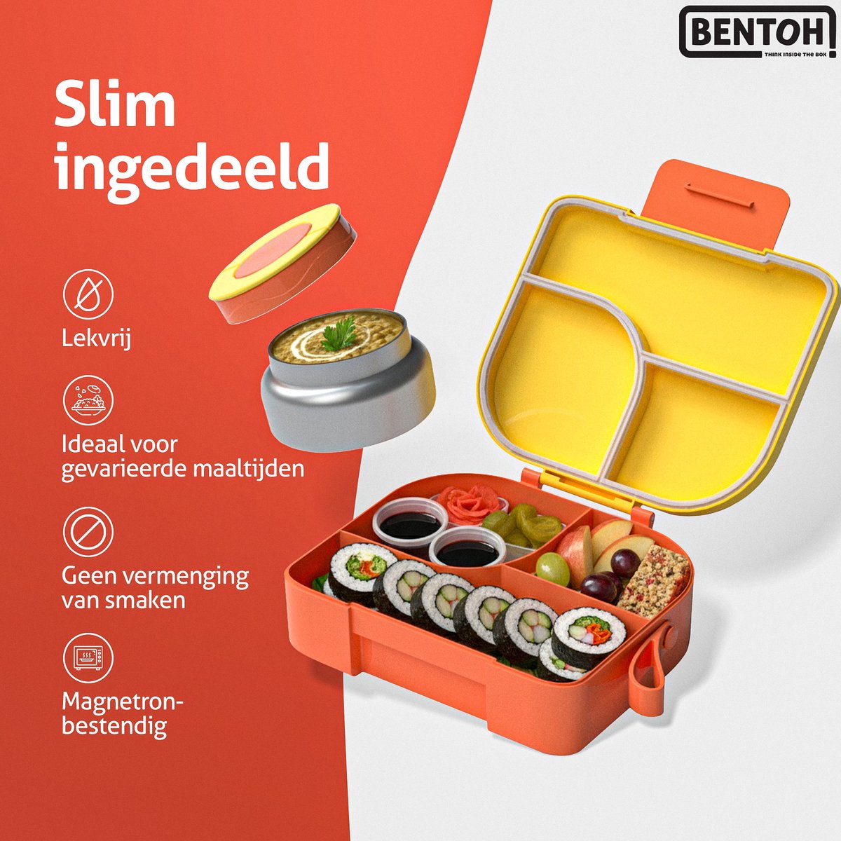 BentOH! Bento Box Kinderen & Volwassenen - Geel – Lekvrije Lunchbox met Vakverdeling – Magnetron- & Vaatwasserbestendig – Inclusief lepelset — afbeelding 7