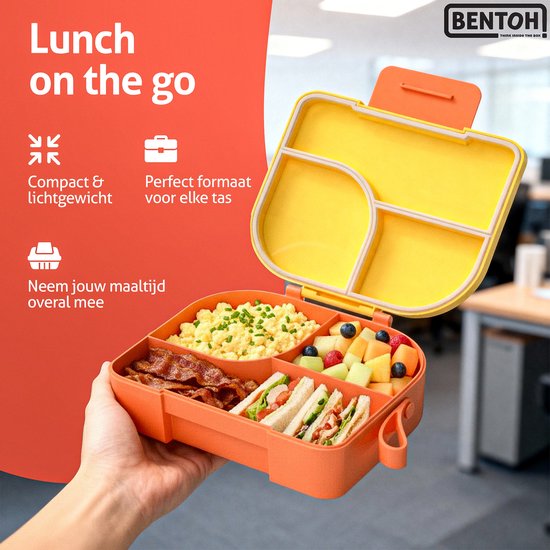 BentOH! Boîte à bento Enfants et Adultes - Jaune - Boîte à lunch étanche avec compartiments - Compatible micro-ondes et lave-vaisselle - Comprend un ensemble de cuillères gratuit