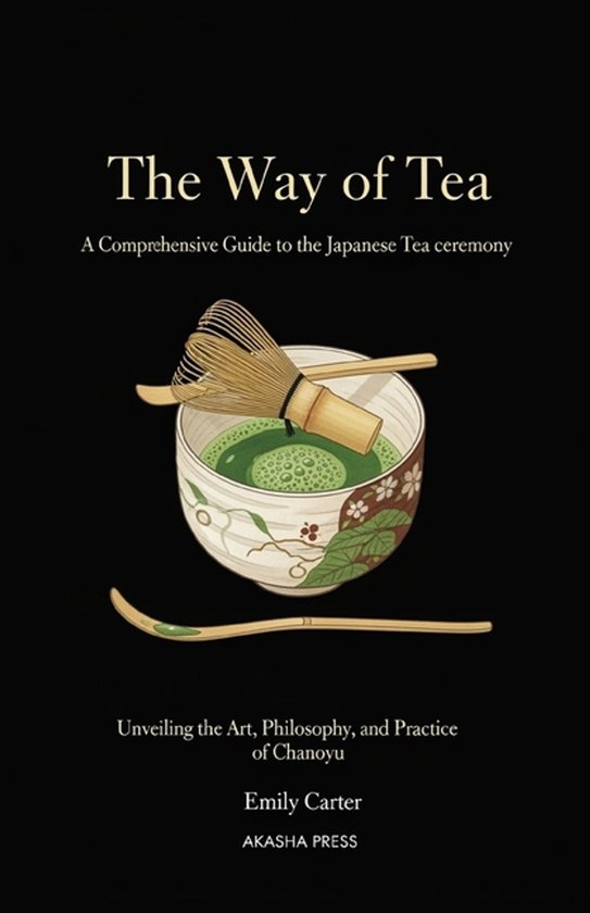 Boek 'The Way of Tea' met een illustratie van een traditioneel matcha theeservies met een garde en lepel.