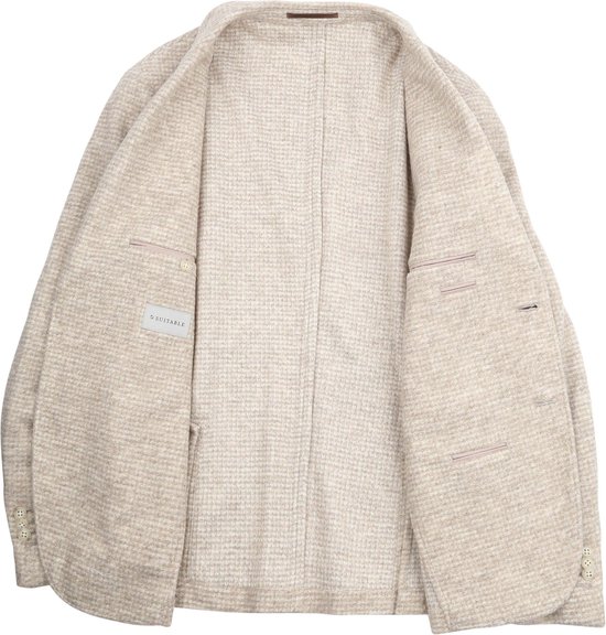 Open beige colbert met kleine ruitjespatroon, de binnenkant is beige.
