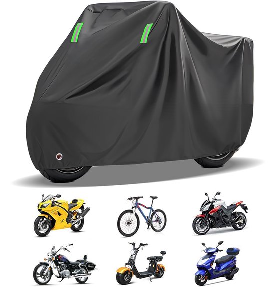 Motorhoes - Waterdichte motorhoes - Regen- en stofdichte motorbeschermhoes - UV-bescherming - Sneeuwbescherming - Alle seizoenen - Met reflecterende strips - 245*105*125cm -Geschikt voor bescherming van twee- en driewielige motorfietsen - Zwart
