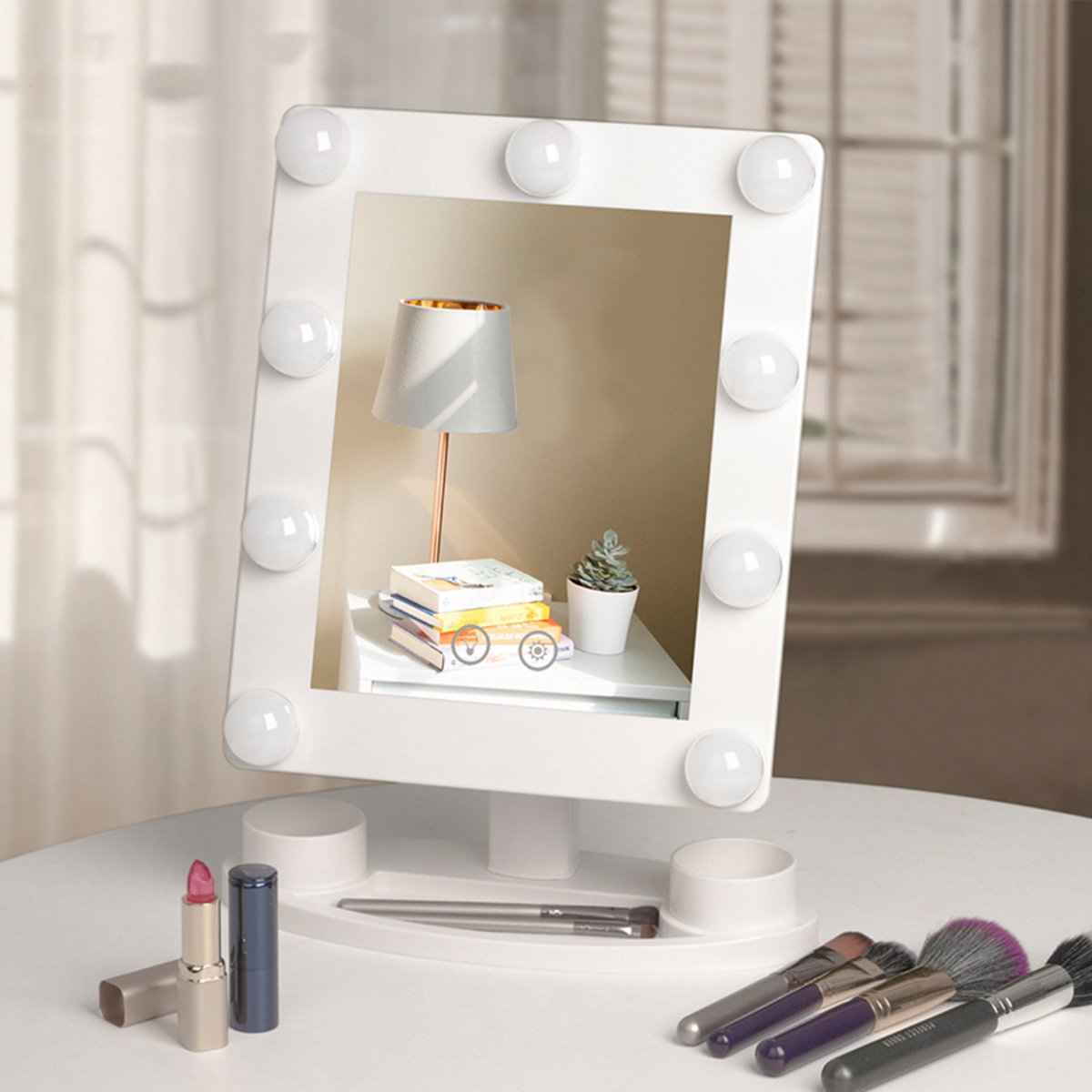 CHIWIN Hollywood Spiegel met Verlichting - 9 LED Makeup Spiegel met Opbergplateau - Aanraakbediening Visagie Spiegel - 180° Draaibaar Kaptafel Spiege - 2 Instelbare Lichtkleuren - Tafelspiegel Slaapkamer - 28x30cm - Wit