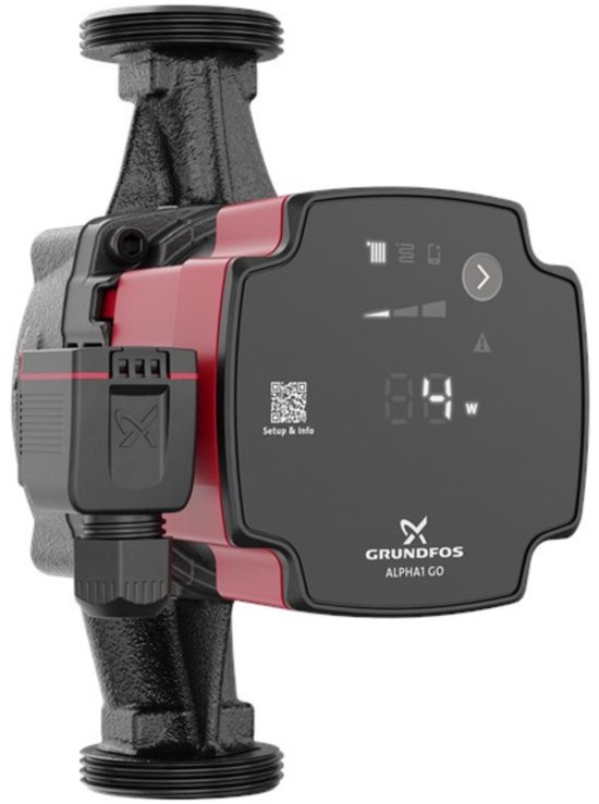 Grundfos Alpha1 Go circulatiepomp, zwart metalen pomphuis, rood met zwart bedieningspaneel met digitaal display, zijaanzicht.