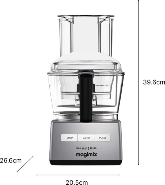 Magimix Compact 3200XL keukenmachine in mat chroom, met afmetingen 39.6cm hoog, 20.5cm breed en 26.6cm diep.
