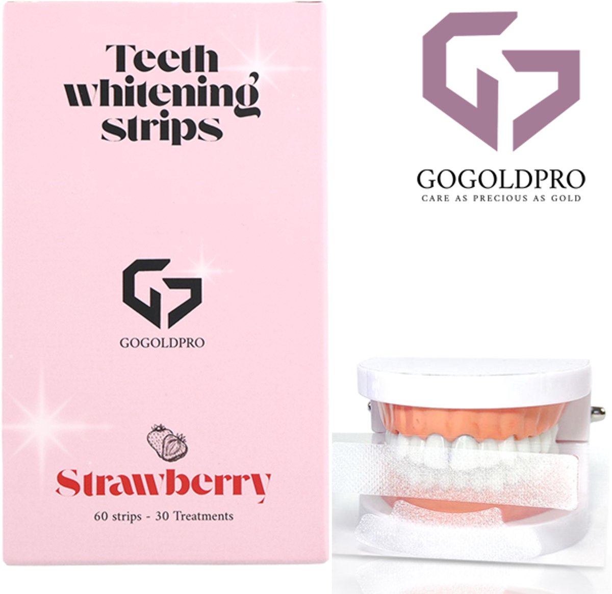 GoGoldPro 60 Tanden bleek Strips - PAP+ Strips voor Stralend Witte Tanden - Wittere Tanden Zonder Peroxide - 100% Veilig en Natuurlijk! - Teeth Whitening Strips - 7 Verschillende Smaken - Aardbei