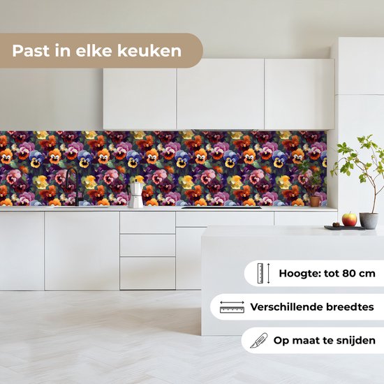 Keuken achterwand 350x60 cm - Spatscherm zelfklevend Viooltjes - Kleuren - Bloemblaadjes - Muurbeschermer - Spatwand fornuis