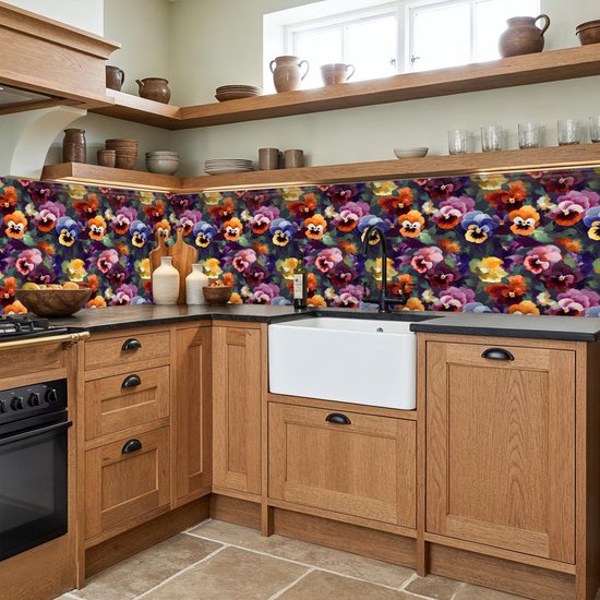 Keuken achterwand 350x60 cm - Spatscherm zelfklevend Viooltjes - Kleuren - Bloemblaadjes - Muurbeschermer - Spatwand fornuis