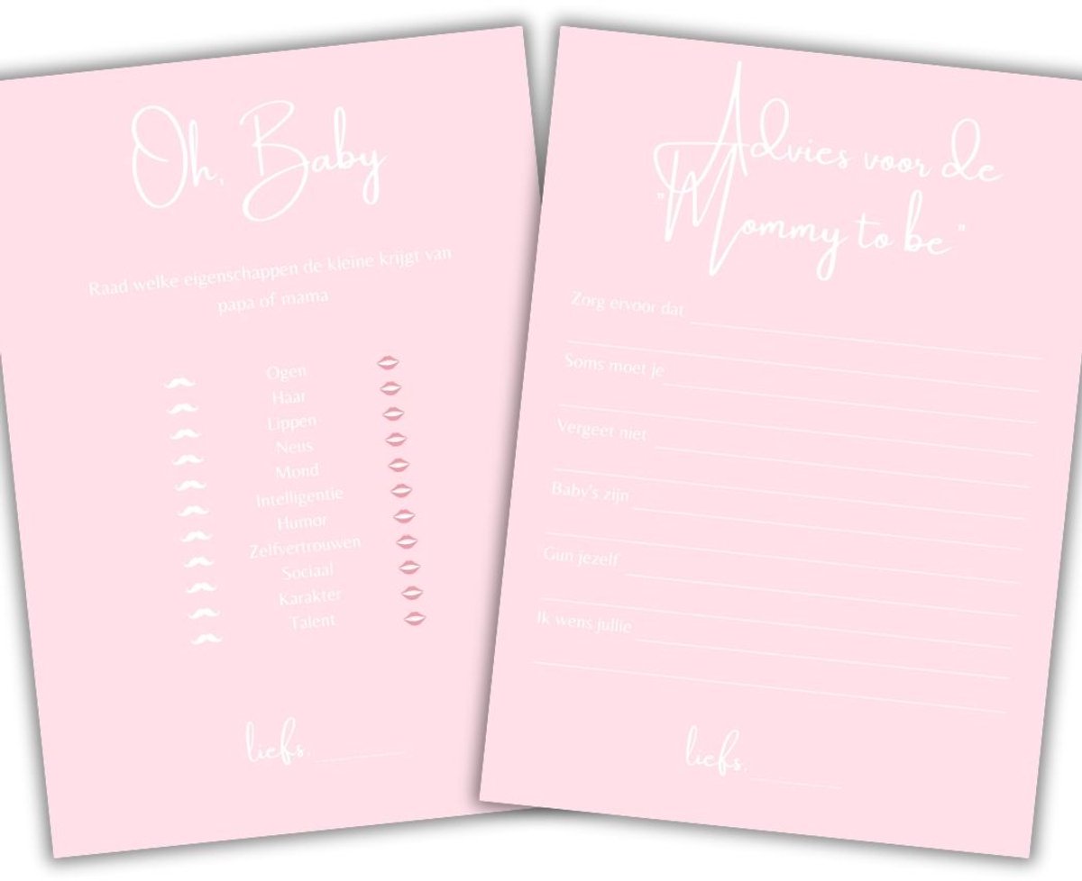 Momentuals Babyshower Invulkaarten Baby Pink - Baby Shower Spelletjes - 2-Pack - 2x20 stuks - A6 - Kaarten Spel - Gender Reveal - Meisje - Roze - Oh Baby & Advies Mama