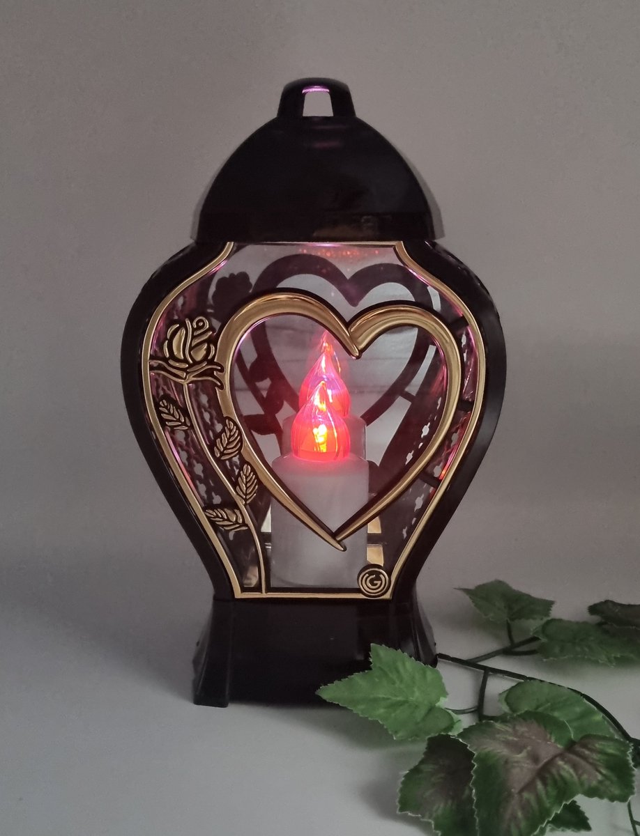 Herdenkingslicht - L-28A - Lantaren - Roos - Hart - Goud - Ledkaars Rood/Wit - Windlicht - Graflicht - Graflantaarn - Grafdecoratie