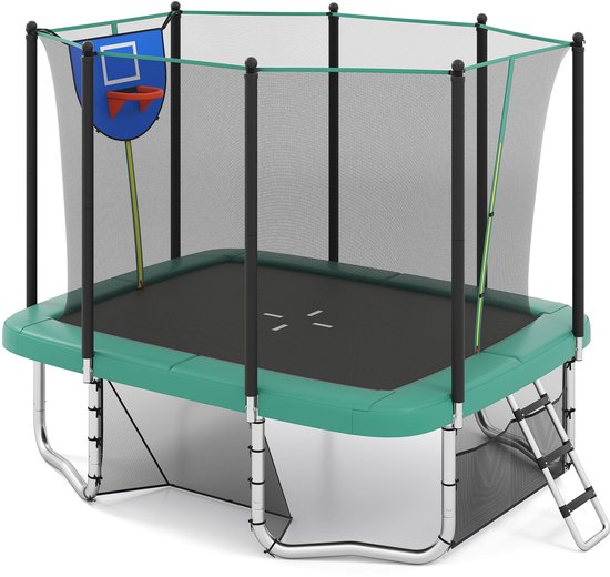 COSTWAY Trampoline voor buiten, rechthoekig, 3-in-1 kindertrampoline met ladder, basketbalkorf en voetbaldoel, tuintrampoline met veiligheidsnet en metalen frame, voor kinderen en volwassenen, groen