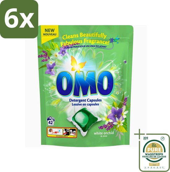 Omo - Wascapsules - Witte orchidee & Munt - Krachtige geur - 42 Capsules - Voordeelverpakking - 6 stuks - Witte orchidee - Muntgeur
