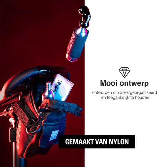 Lezyne M-Caddy CO2 Kit - Praktisch zadeltasje met complete CO2-kit - Twin Speed ​​Drive CO2 inflator, twee 16g CO2-bussen, een RAP 6 multitool en Matrix Levers Bandenlichters - 130x60x80 mm - 0.6 Liter - Nylon - Zwart