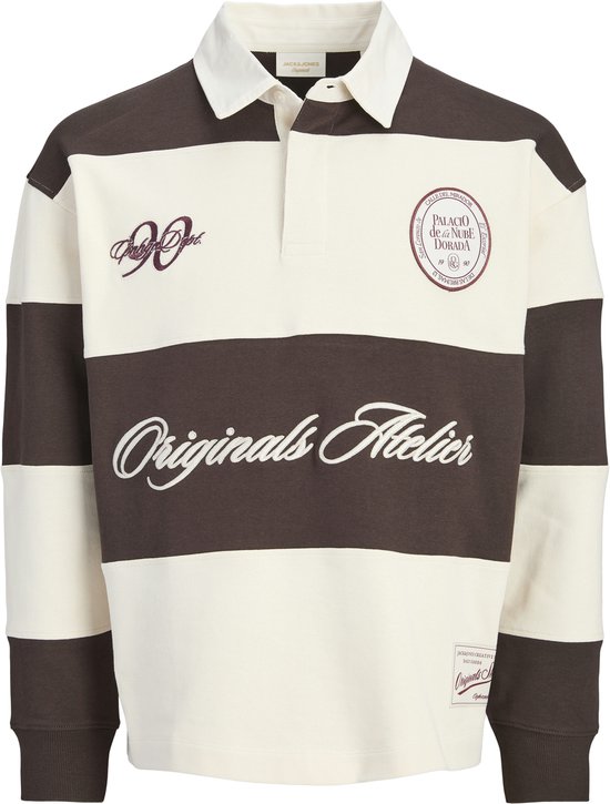 Crème polo met bruine strepen, 'Originals Atelier' opdruk en ronde print.