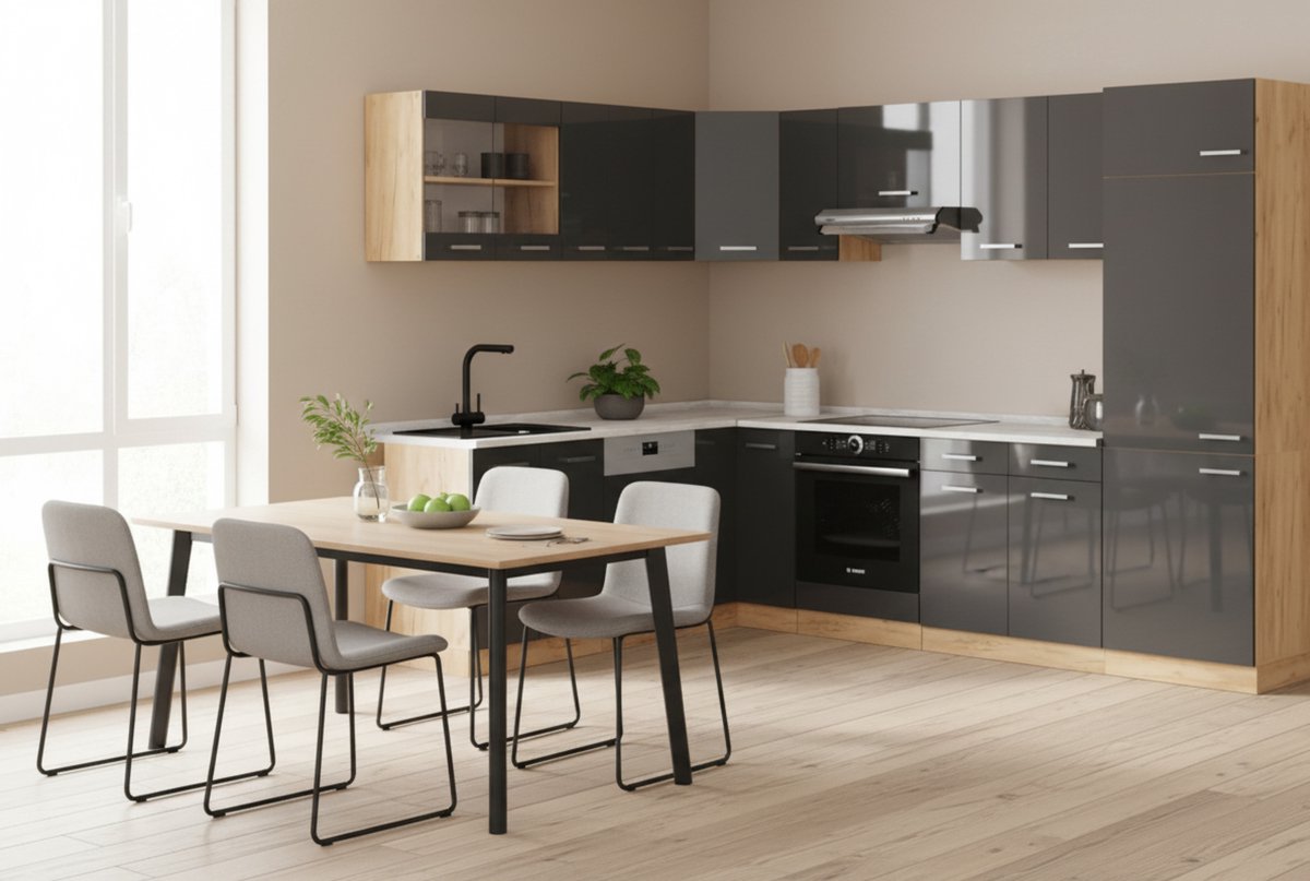 Hoekkeuken 227x287 cm met Marmer Werkblad – Luxe Antraciet Hoogglans & Goudeiken – Moderne L-Vorm Keuken met Verstelbare Poten – Inclusief Kasten & Werkblad – Novihome
