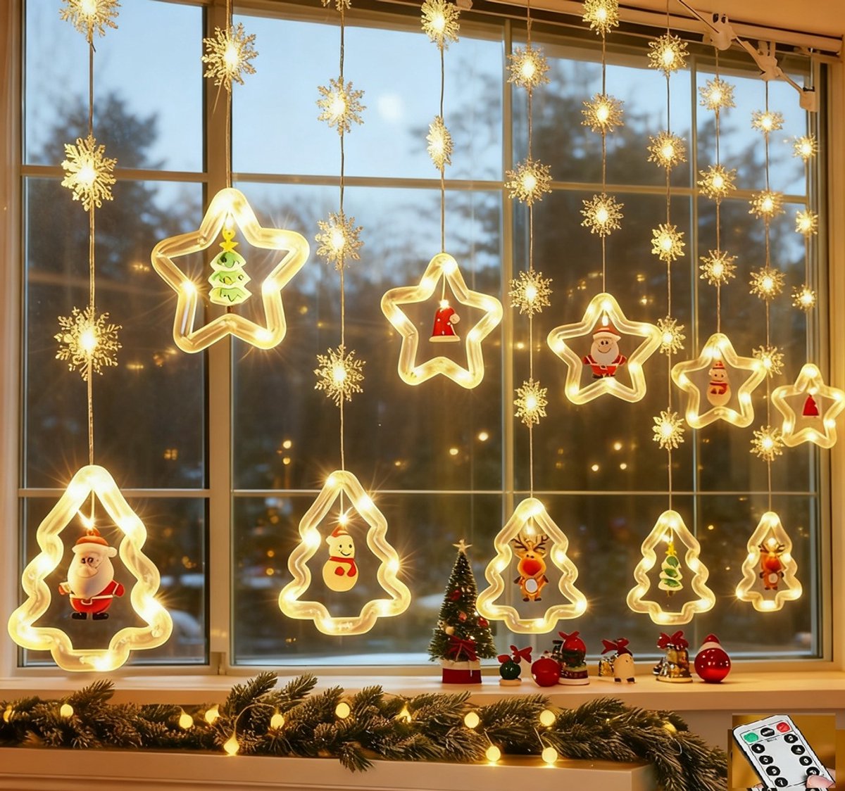 Christmas LED Kerstverlichting 3M - Lichtgordijn Met afstandsbediening & haak & Timer -kerst gordijnverlichting-Kerst Lichtslingers met Batterij- Vorm met Snowflakes & Kerstman & vriendjes - Kerststerren- Warm wit licht- Sfeer Verlichting