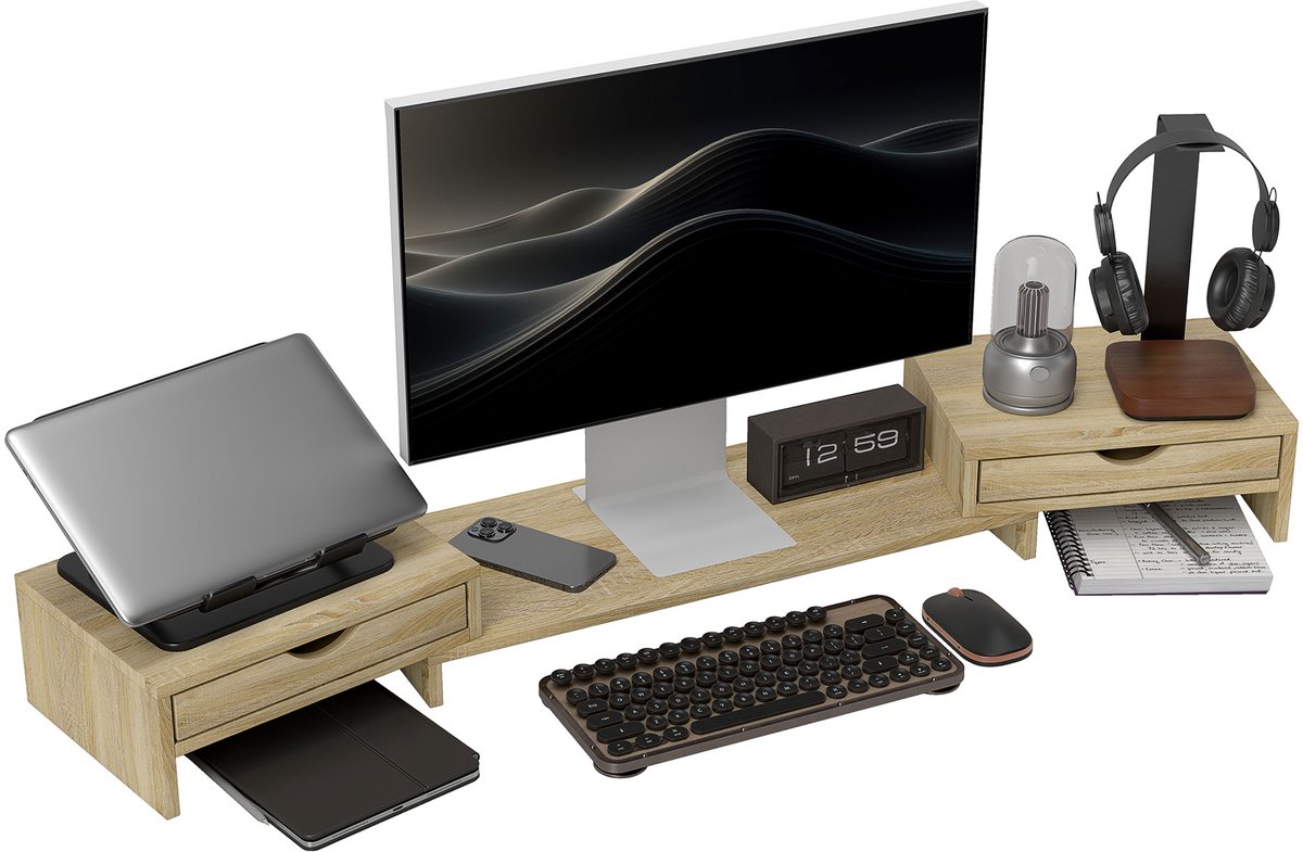HOMCOM Monitorstandaard - Spaanplaat - 60x22x12cm - Eiken