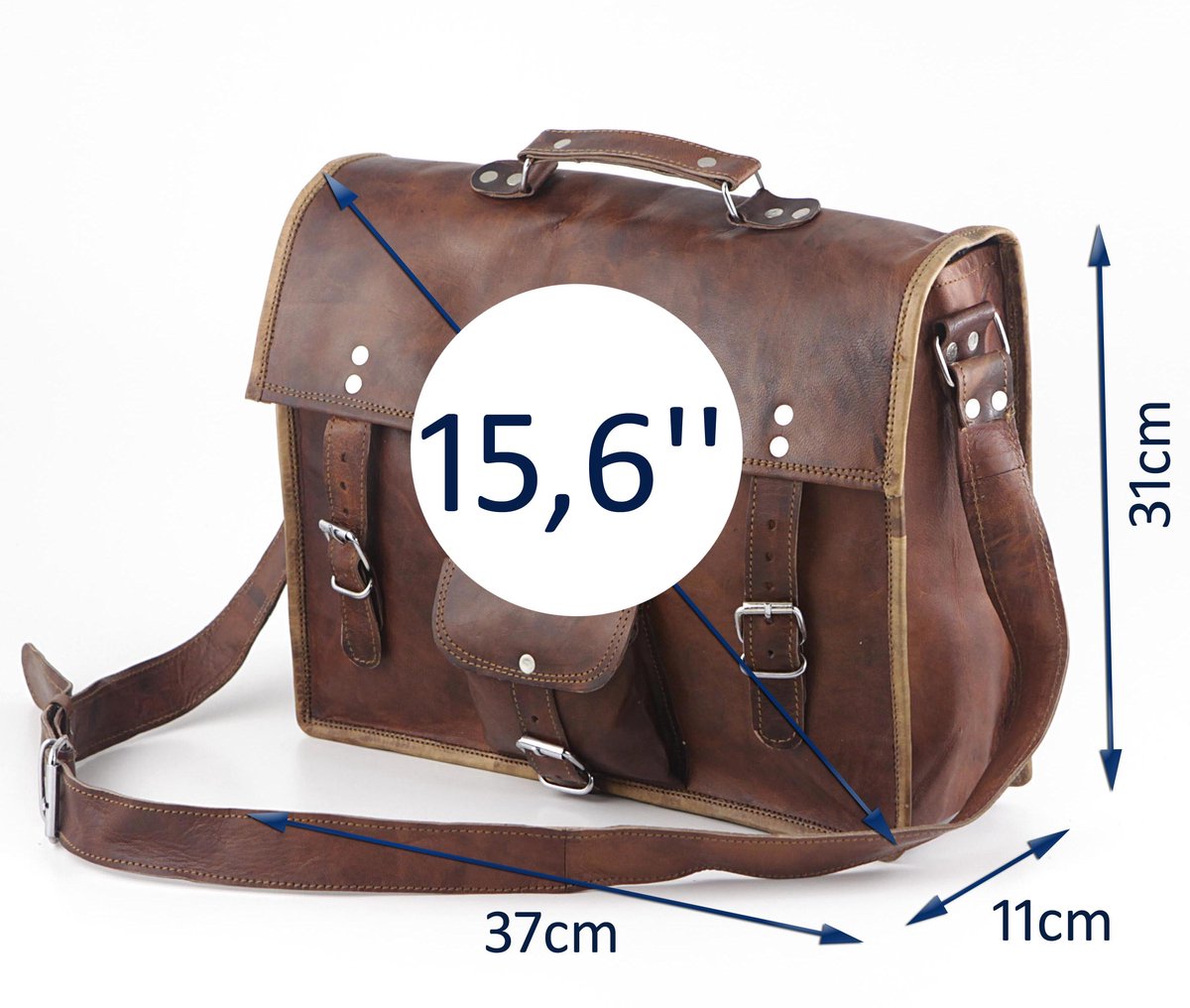 Crossbody Laptop Tas ECHT LEER Messenger Tas – Urban Vintage Satchel Tas 37 x 31 x 11 cm - 16 inch “Lobo” – model 0089 – Kleur Cognac Bruin