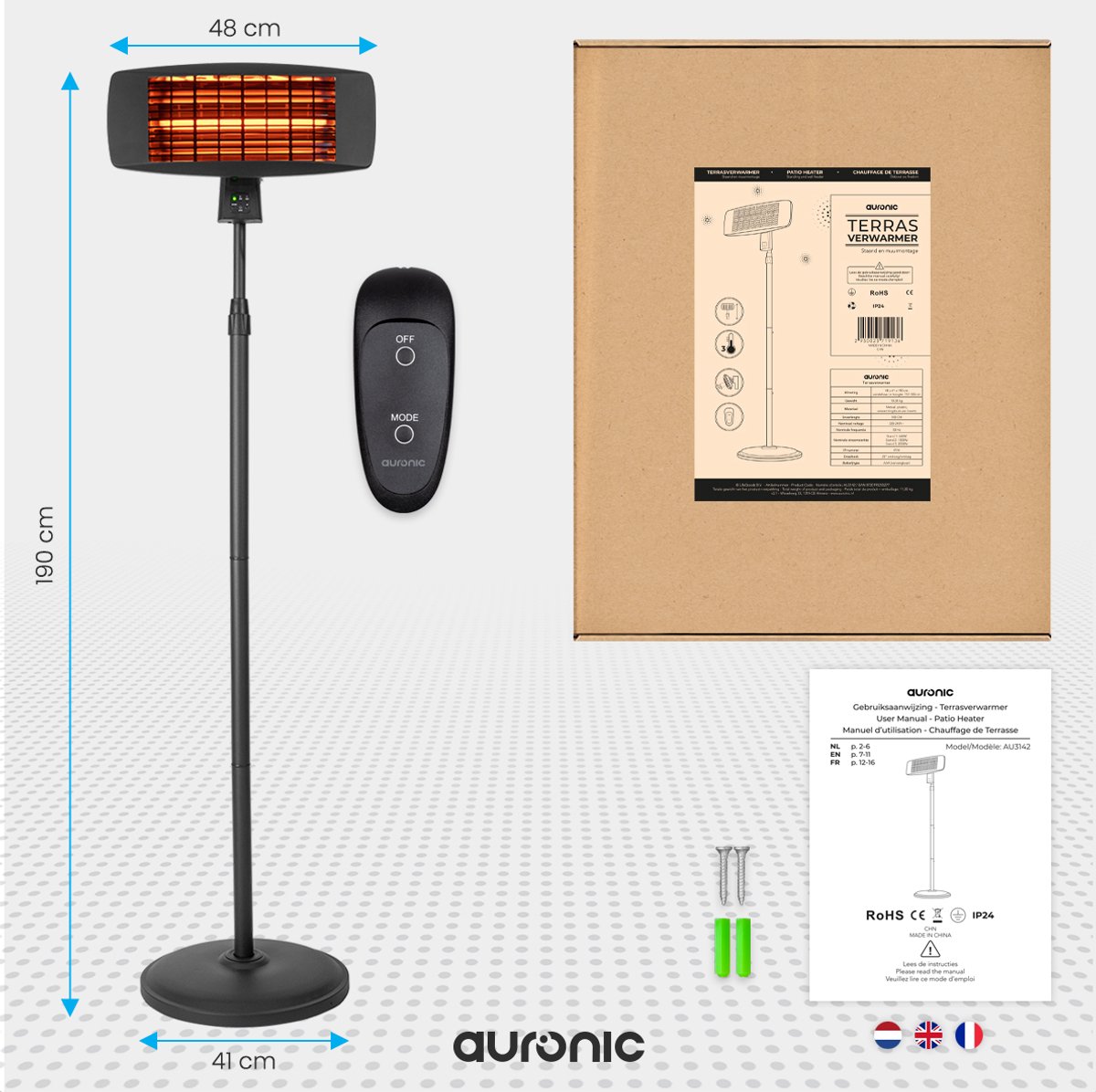 Auronic Terrasverwarmer - Infrarood Verwarming - Elektrisch - 2000W - Heater - Hangend en Staand - met Afstandbediening - 3 Standen - Zwart – foto 5