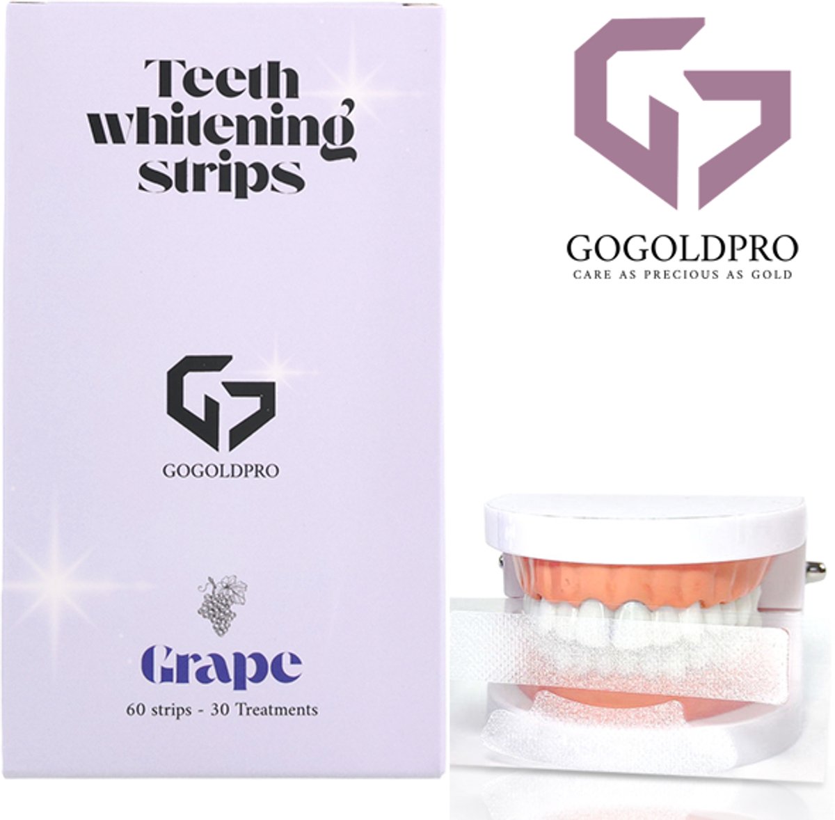 GoGoldPro 60 Tanden bleek Strips - PAP+ Strips voor Stralend Witte Tanden - Wittere Tanden Zonder Peroxide - 100% Veilig en Natuurlijk! - Teeth Whitening Strips - 7 Verschillende Smaken - Druif