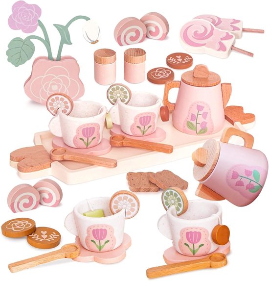 KENANLAN Wooden Tea Set Toy for Kids 14-Piece Fantasy Play Toy Afternoon Tea Party Set Learning Fantasy Game for Toddlers Girls and Boys KENANLAN Wooden Tea Set Toy for Kids 14-Piece Fantasy Play Toy Afternoon Tea Party Set Learning Fantasy Game for Toddlers Girls and Boys
