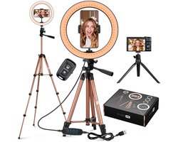 Studio ME Ringlamp met Statief 10 inch - Rosegoud - Ring Light - 30 Lichtstanden - Incl. Afstandsbediening & Mini Tripod - Ringlight - Ringlampen