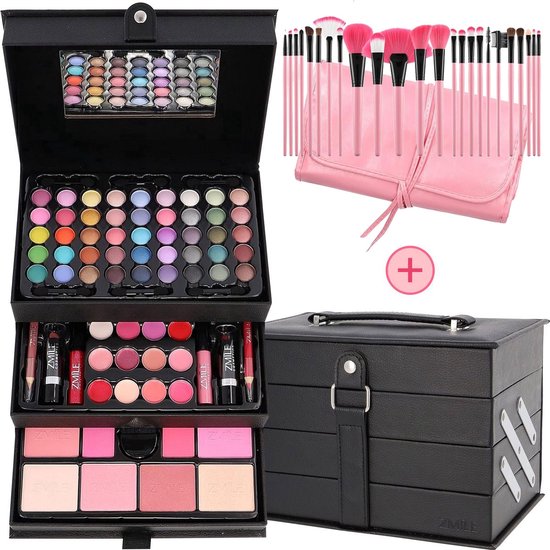 Make Up Koffer Meisjes Met Inhoud 82-Delig - Inclusief 24-Delige Premium Roze Kwasten Set & Reis Etui - Cosmetica Set Kinderen - Zwarte Beautycase