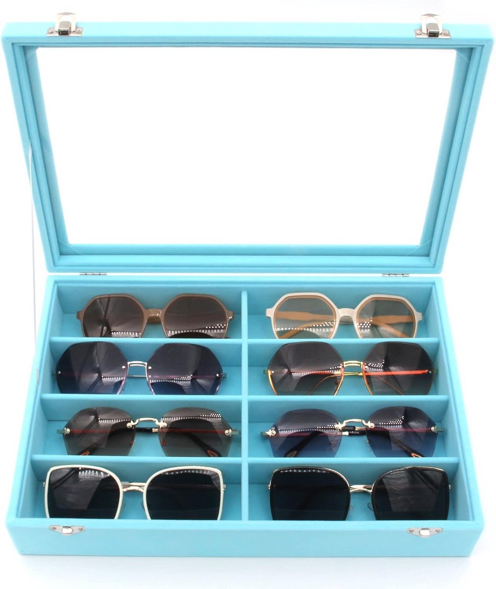 Fluwelen zonnebril organiser met opbergdoos en glazen vitrine